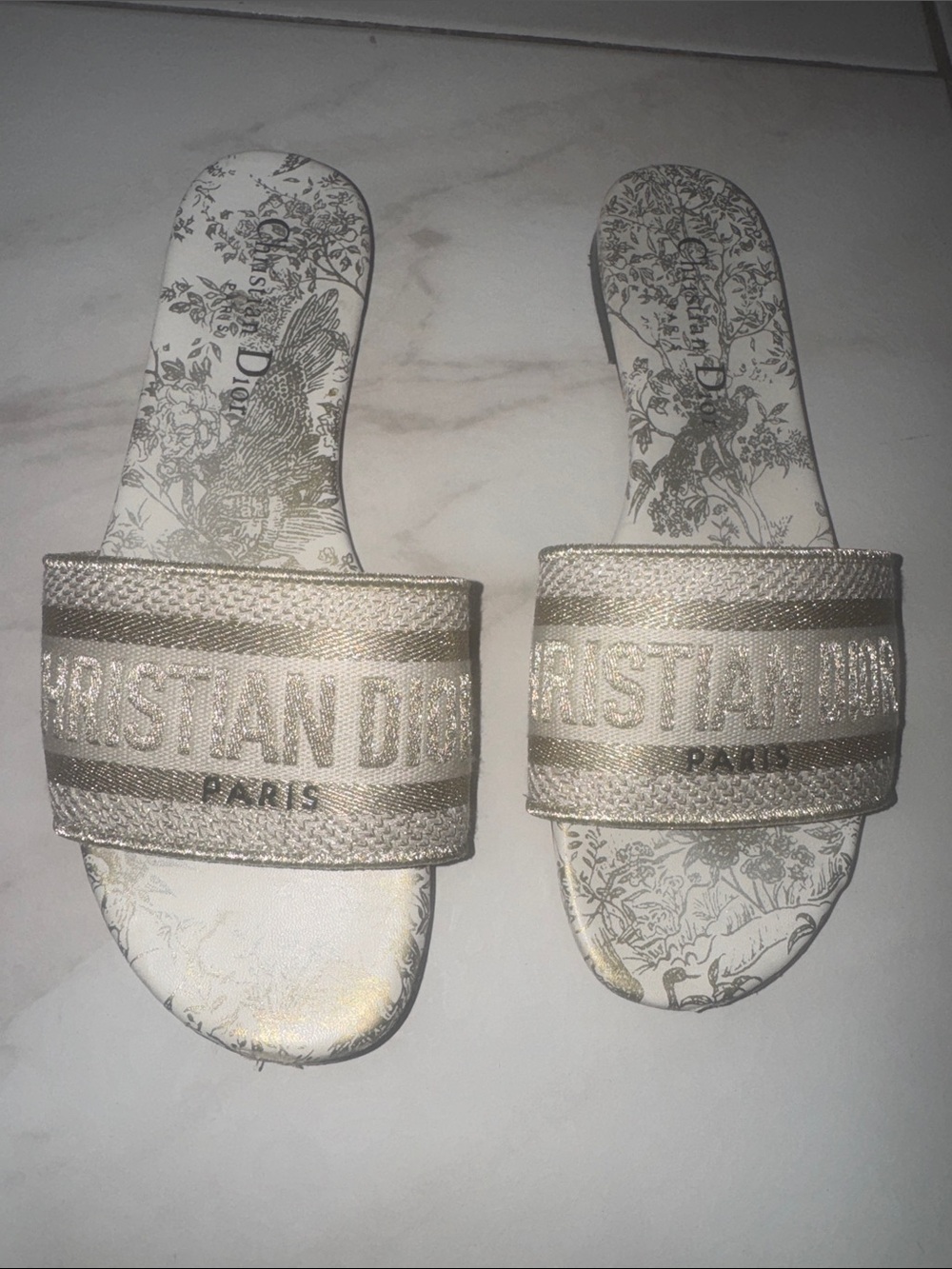Dior White and Gold Embroidered Logo Slide Sandals